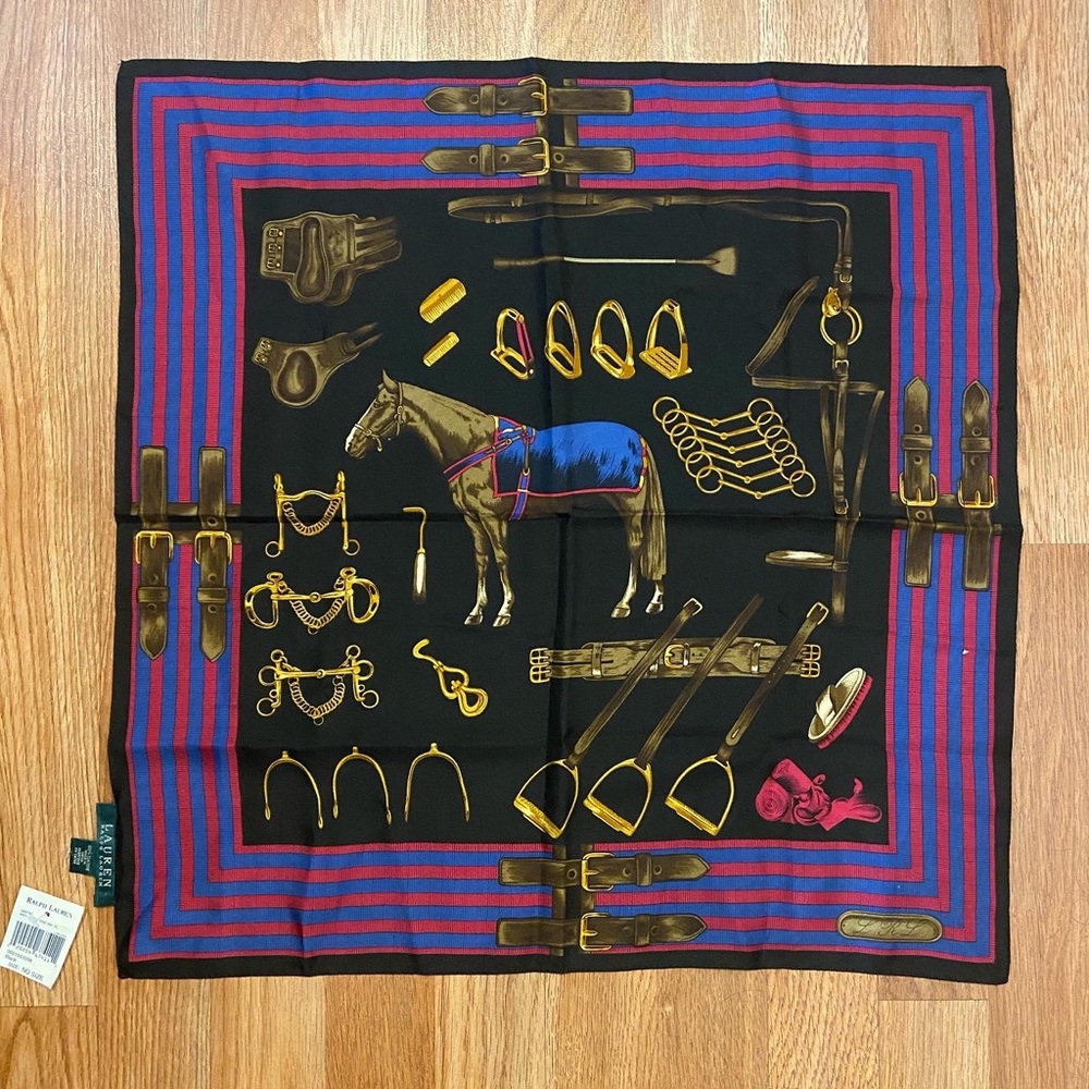 Rare Polo Ralph Lauren EQUESTRIAN Silk Scarf, Size is 19”.